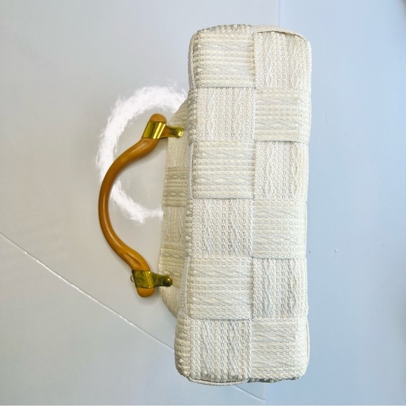 VINTAGE WHITE CREAM WOVEN BAG SUMMER WOODEN  HANDLE HANDBAG MADE IN ITALY - Picture 10 of 14